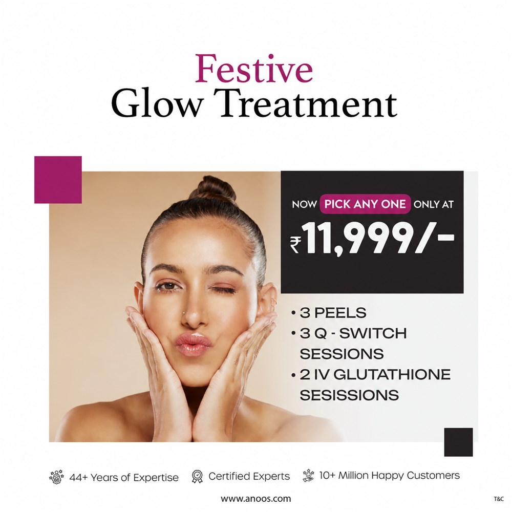 Festive Glow Treatment — pick any one: 3 peels, 3 Q-Switch sessions or 2 IV Glutathione sessions, now only at ₹11,999
